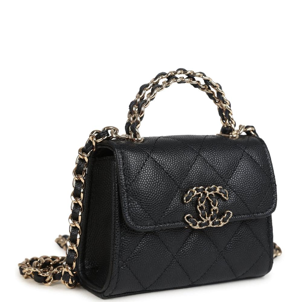 Chanel Nano Clutch With Chain Black Caviar Light Gold Hardware
