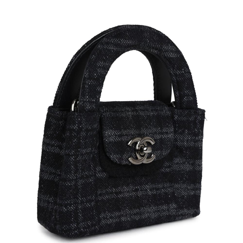 Chanel Nano Kelly Shopper Black And Grey Printed Denim Ruthenium Hardware