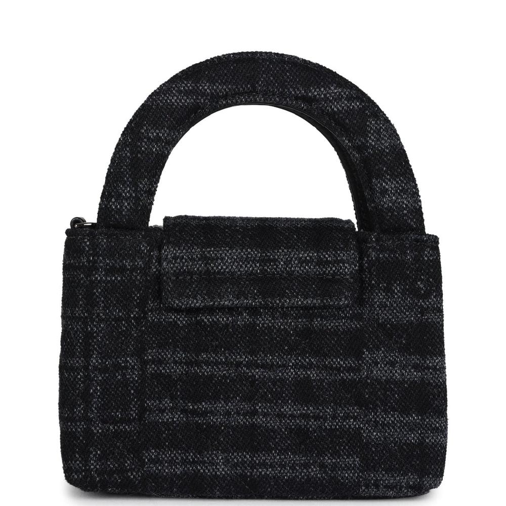 Chanel Nano Kelly Shopper Black And Grey Printed Denim Ruthenium Hardware