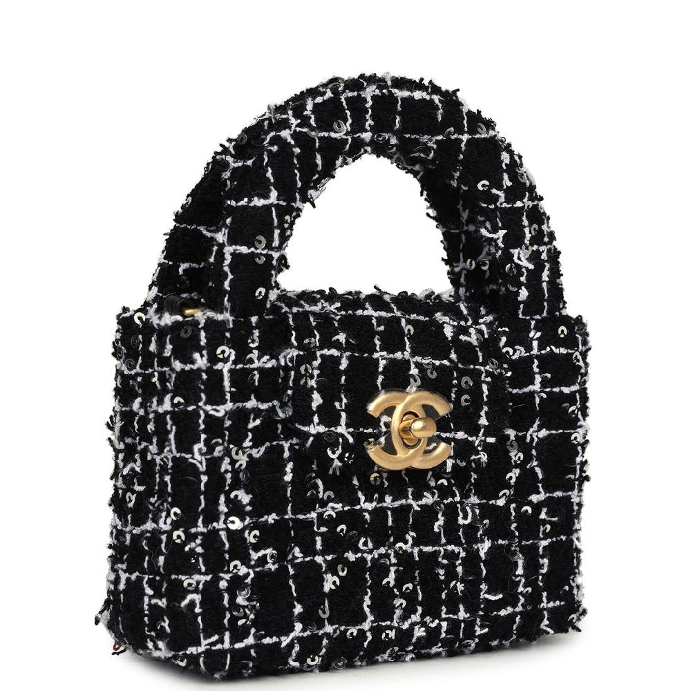 Chanel Nano Kelly Shopper Black White & Silver Sequin Tweed Brushed Gold Hardware