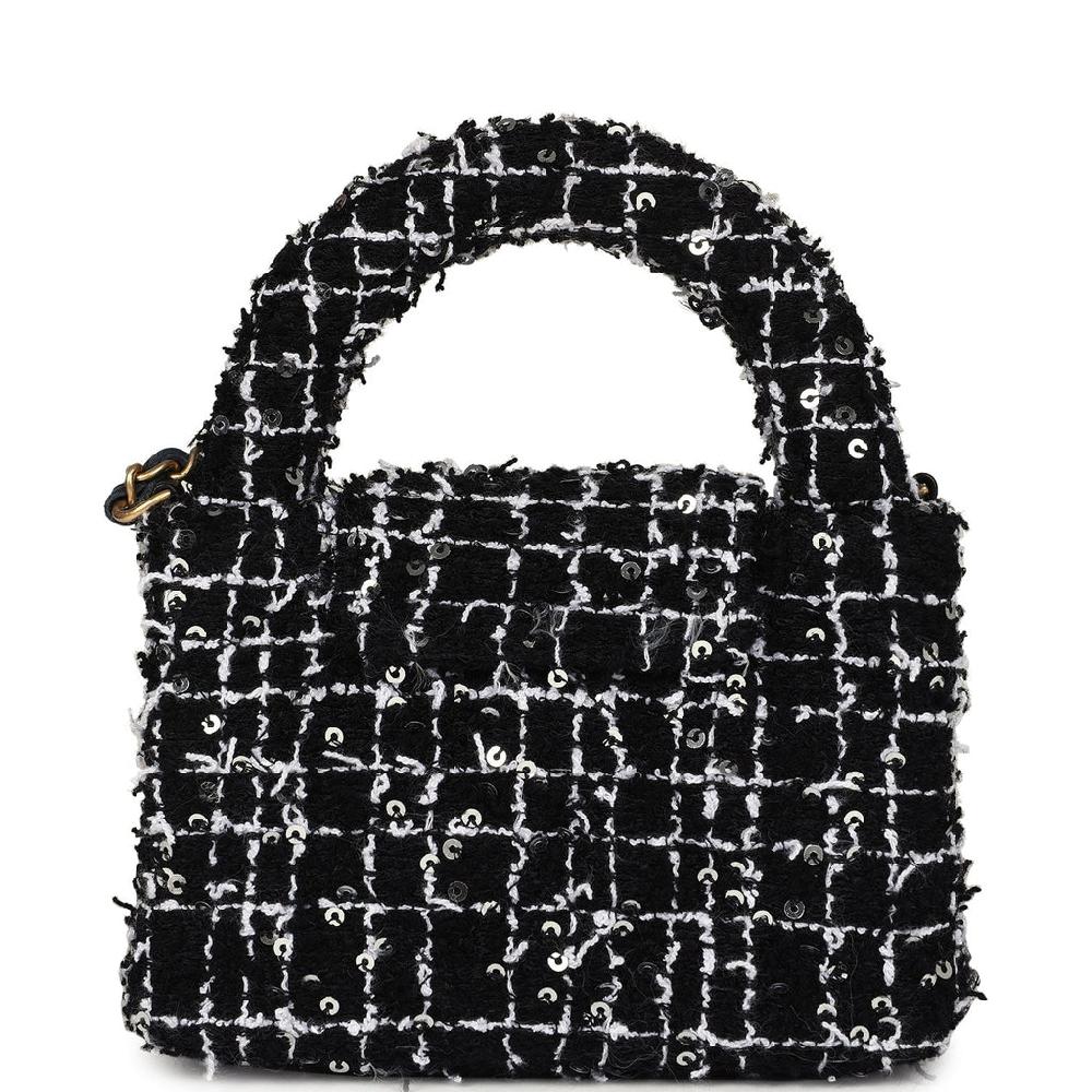 Chanel Nano Kelly Shopper Black White & Silver Sequin Tweed Brushed Gold Hardware