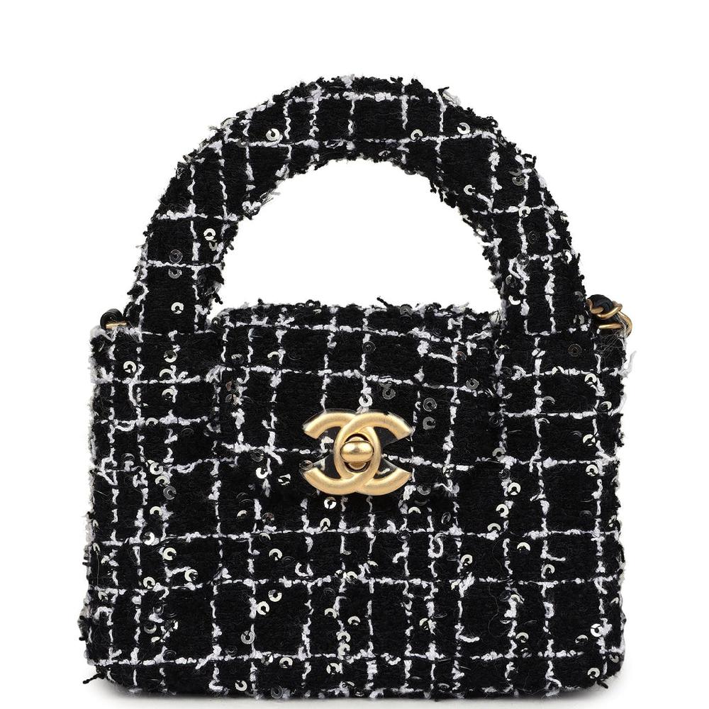 Chanel Nano Kelly Shopper Black White & Silver Sequin Tweed Brushed Gold Hardware