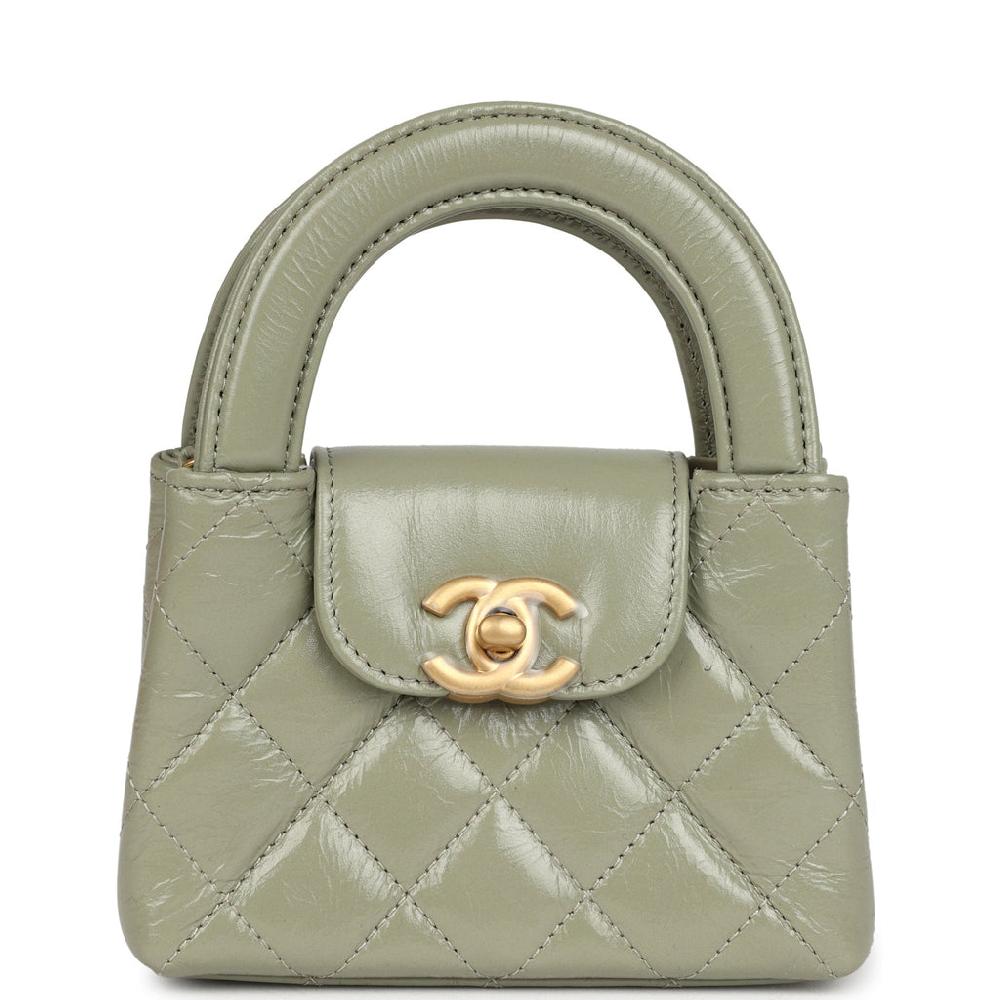 Chanel Nano Kelly Shopper Khaki Shiny Aged Calfskin Brushed Gold Hardware