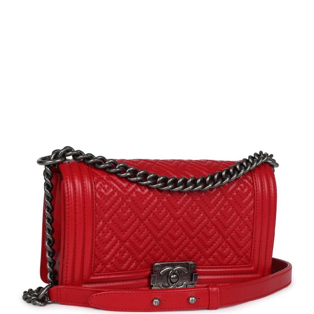 Chanel Old Medium Boy Bag Red Lambskin Aged Ruthenium Hardware