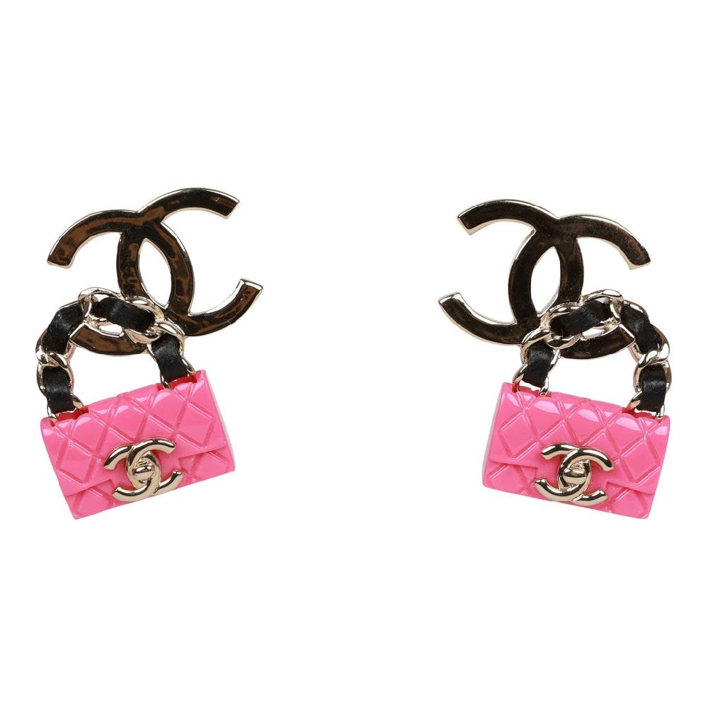 Chanel Pink Signature Flap Bag Dangling Earrings
