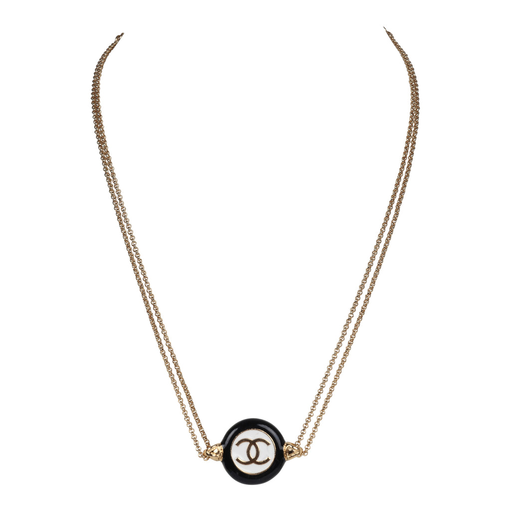 Chanel Round CC Enamel Pendant Choker Necklace Black/White Gold Hardware