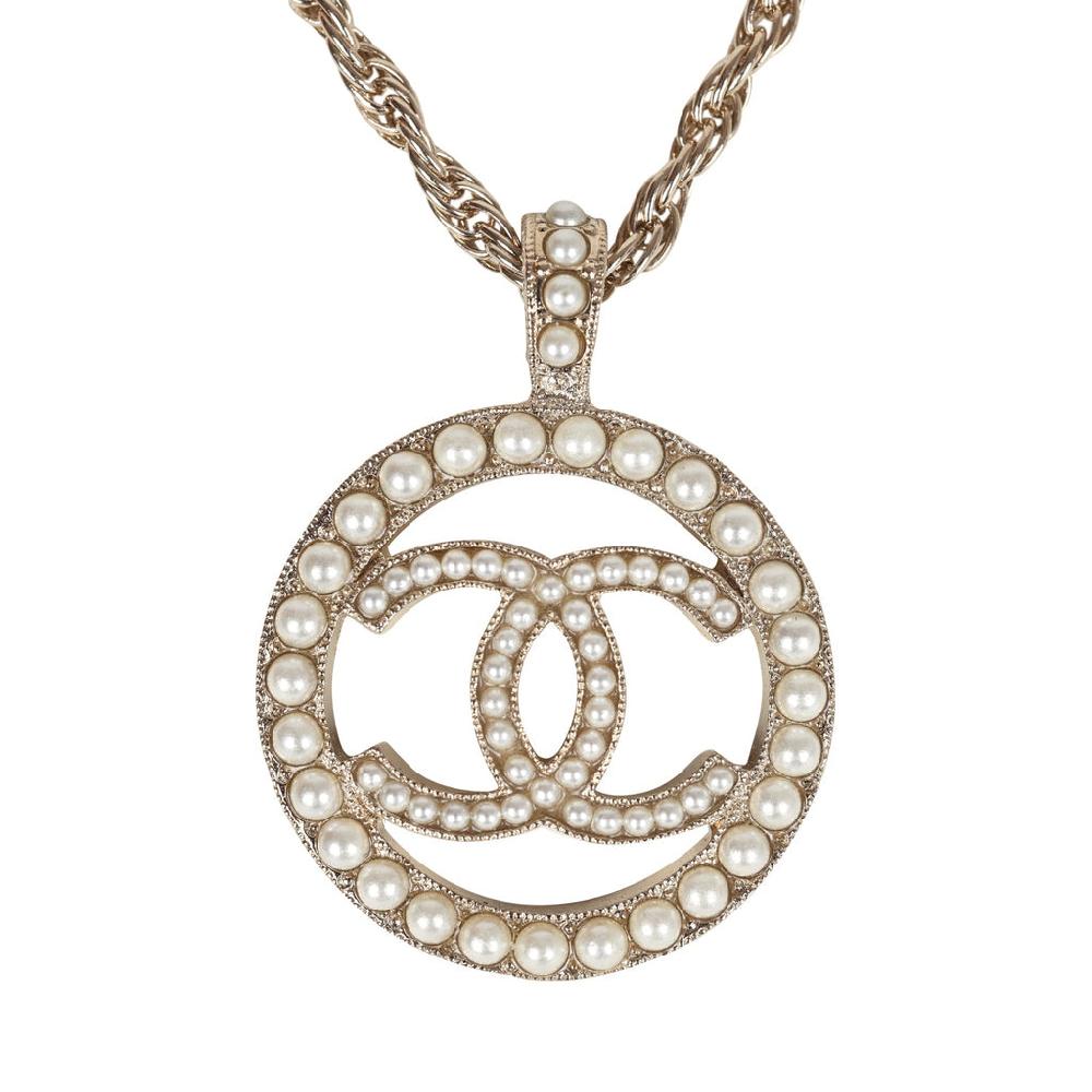 Chanel Round CC Pearl Pendant Necklace Faux Pearls & Light Gold Tone Hardware