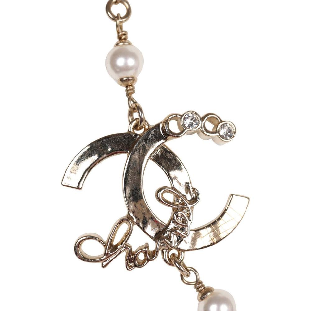 Chanel Script Logo Necklace Black Bead And White Pearl Gold Hardware