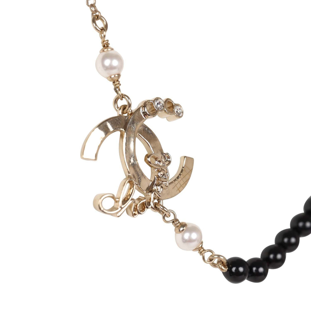 Chanel Script Logo Necklace Black Bead And White Pearl Gold Hardware