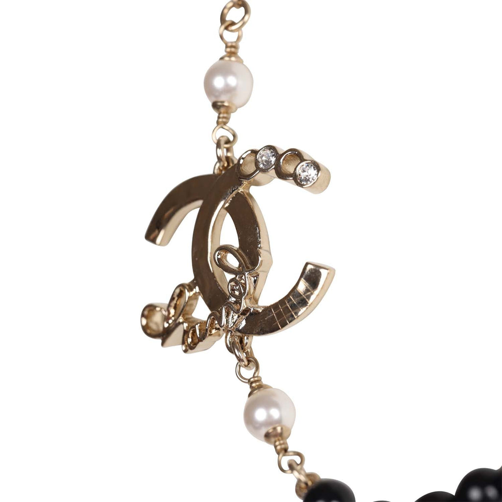 Chanel Script Logo Necklace Black Bead And White Pearl Gold Hardware