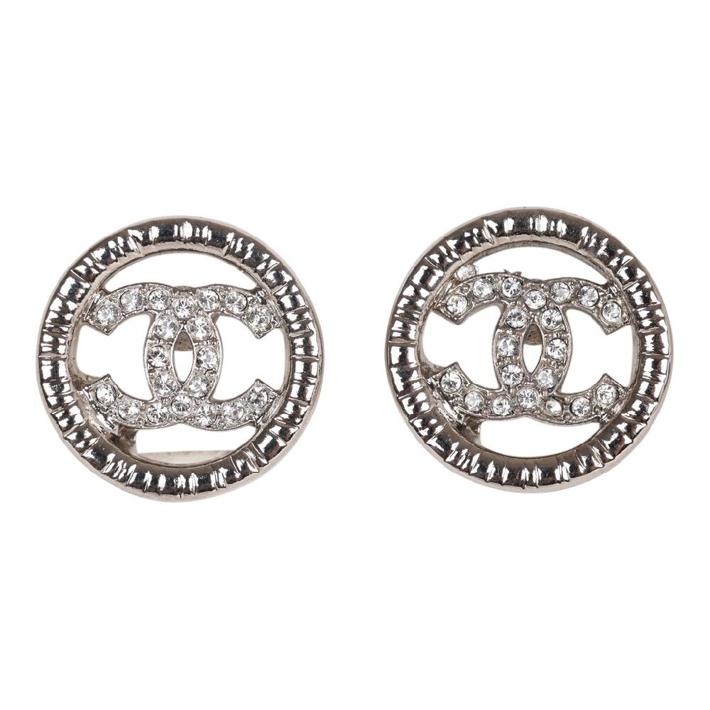 Chanel Silver CC Circle Stud Earrings