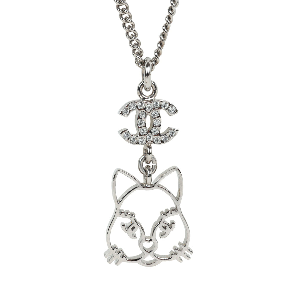 Chanel Silver CC Crystal Choupette Cat Emoji Pendant Necklace