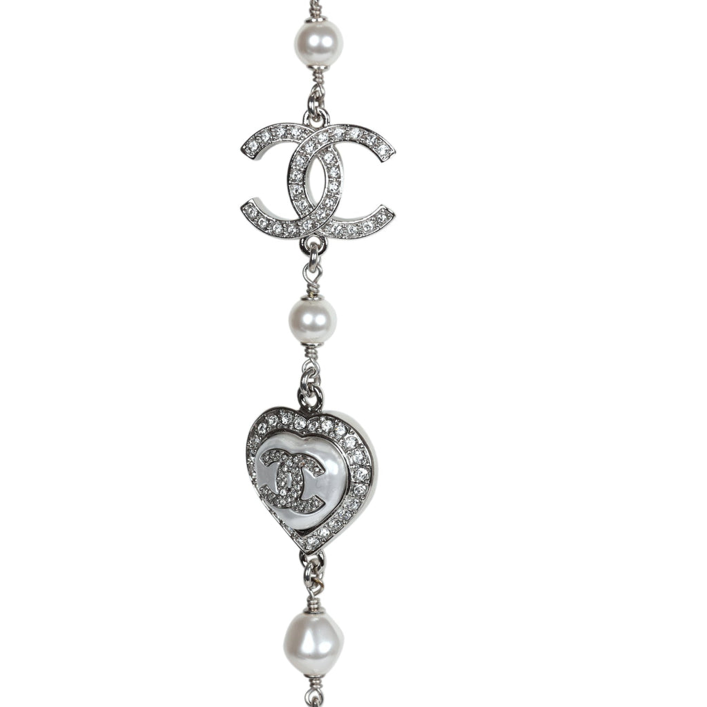 Chanel Silver Metal White Strass And White Pearl Logo And Hearts Sautoir Necklace