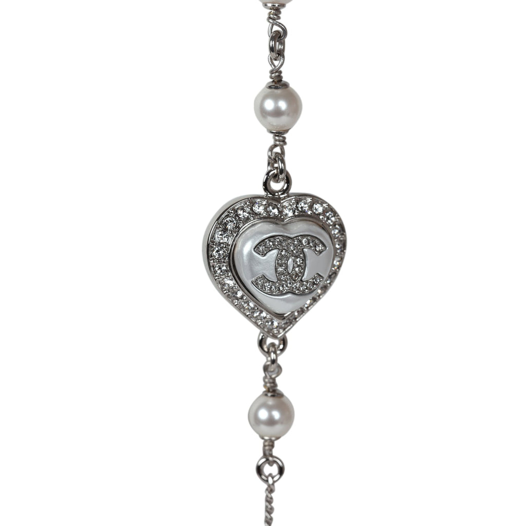 Chanel Silver Metal White Strass And White Pearl Logo And Hearts Sautoir Necklace