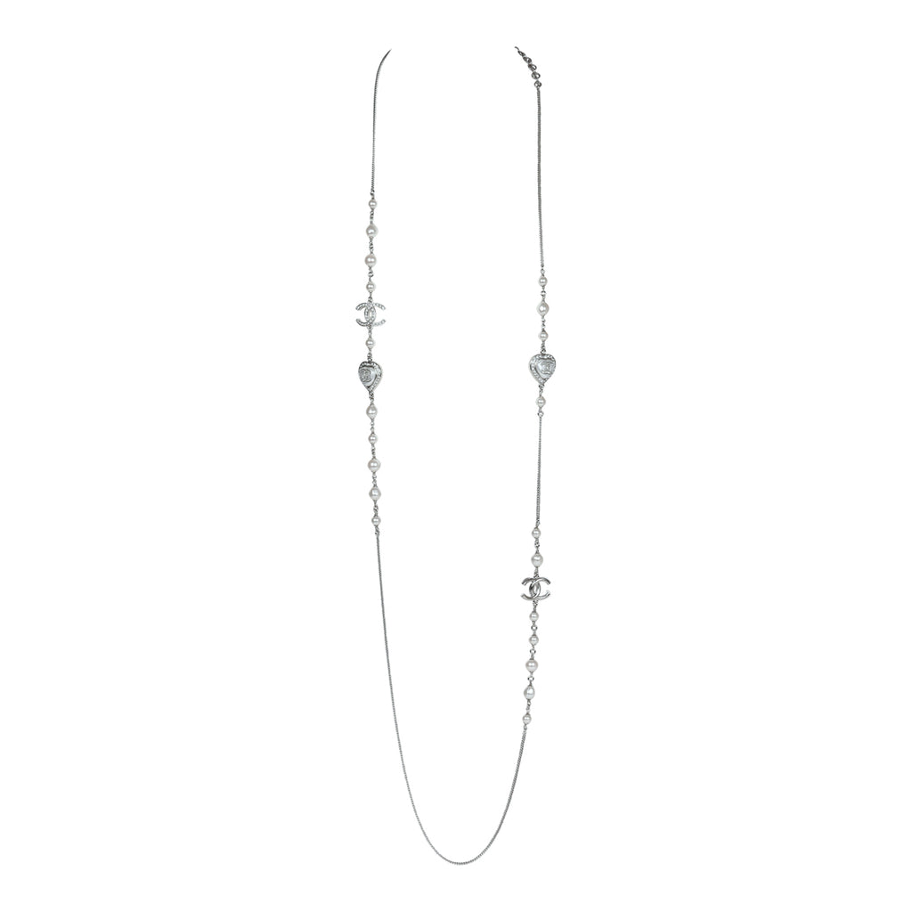 Chanel Silver Metal White Strass and White Pearl Logo and Hearts Sautoir Necklace