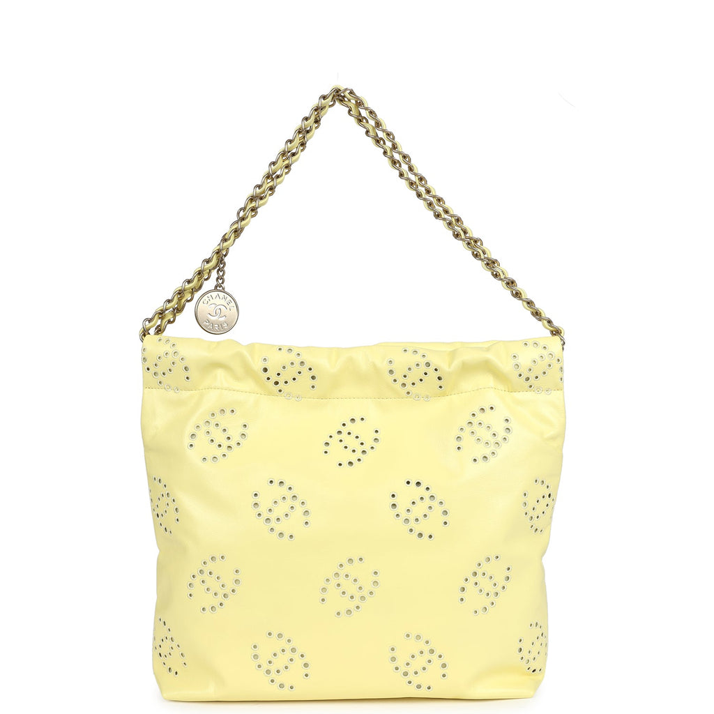 Chanel Small 22 Bag Yellow Shiny Calfskin Brushed Gold Hardware