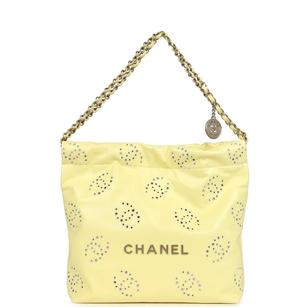 Chanel Small 22 Bag Yellow Shiny Calfskin Brushed Gold Hardware