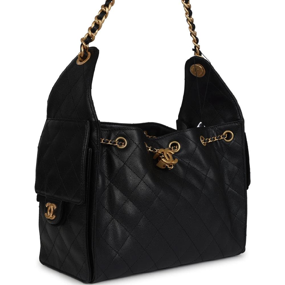 Chanel Small 25 Hobo Bag Black Caviar Antique Gold Hardware