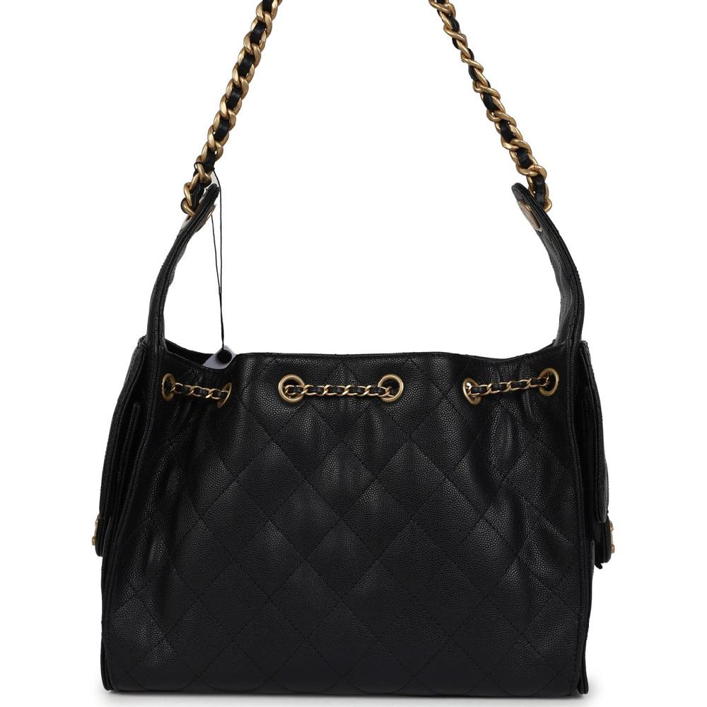 Chanel Small 25 Hobo Bag Black Caviar Antique Gold Hardware