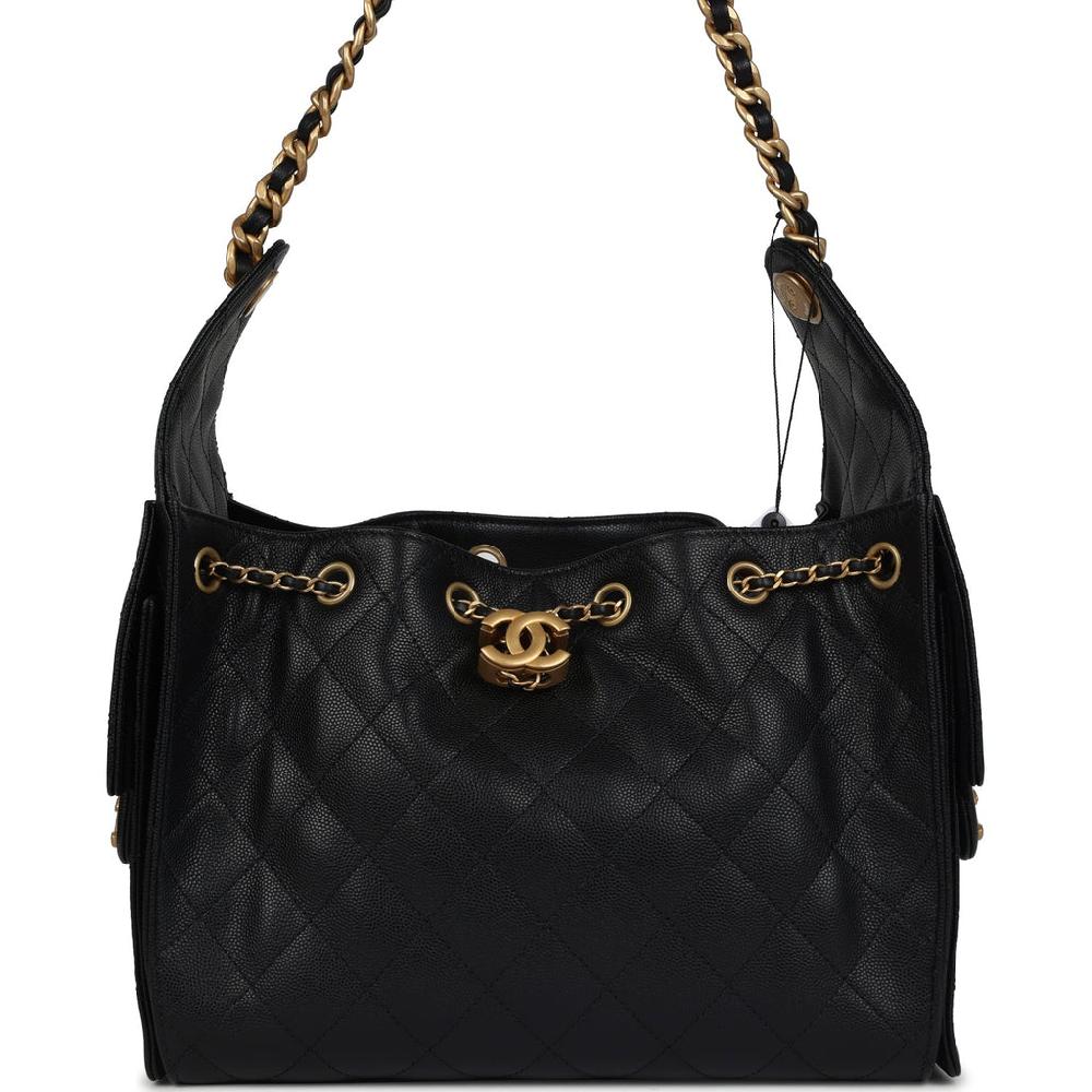 Chanel Small 25 Hobo Bag Black Caviar Antique Gold Hardware
