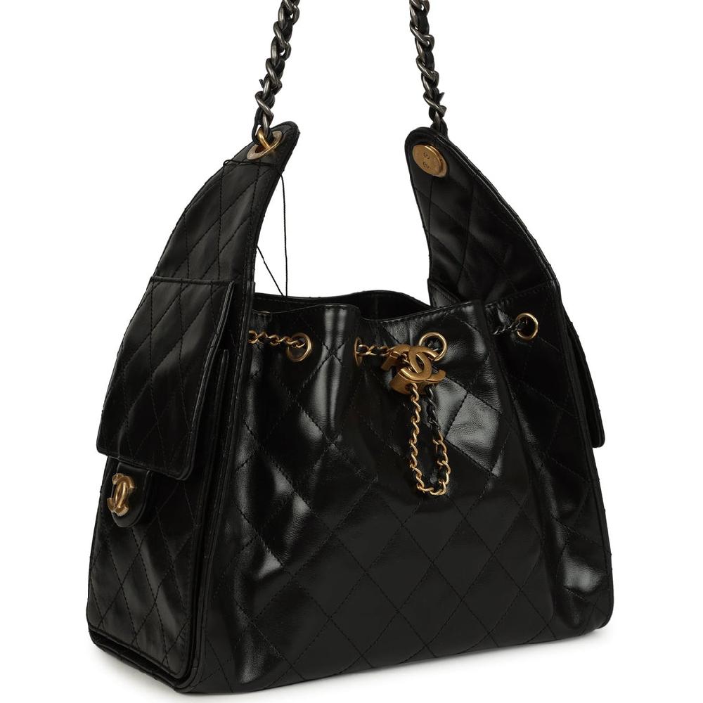 Chanel Small 25 Hobo Bag Black Shiny Crumpled Calfskin Mixed Metal Hardware