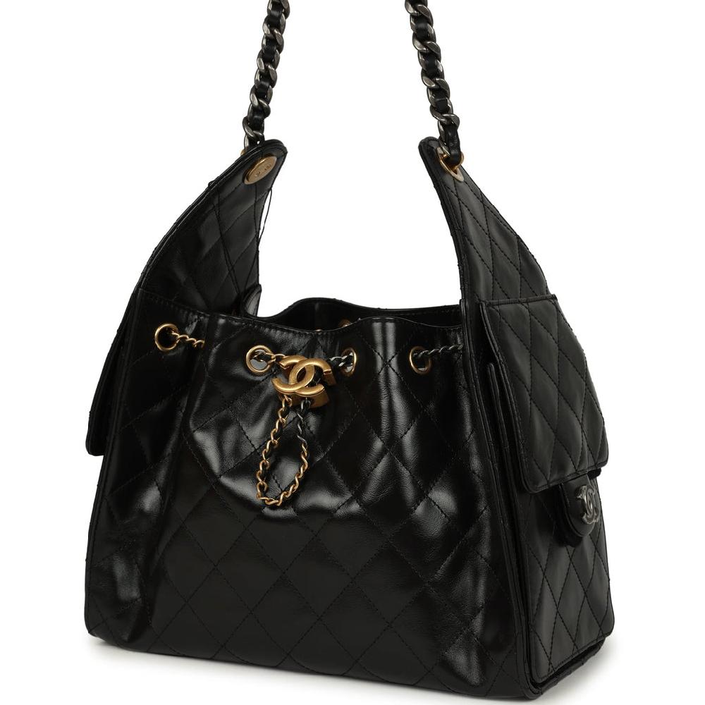 Chanel Small 25 Hobo Bag Black Shiny Crumpled Calfskin Mixed Metal Hardware