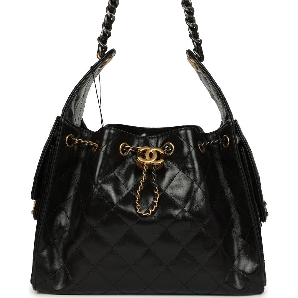 Chanel Small 25 Hobo Bag Black Shiny Crumpled Calfskin Mixed Metal Hardware