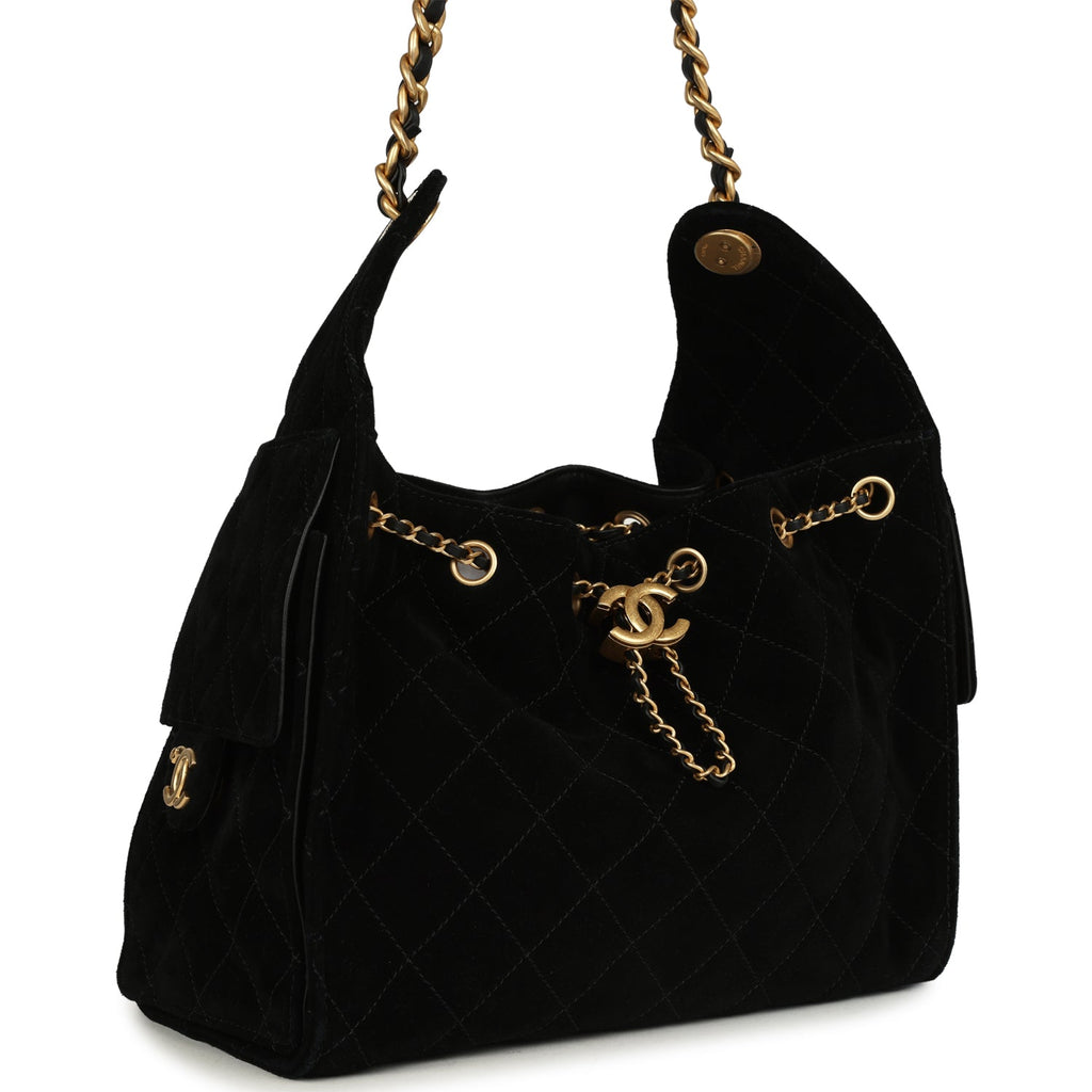 Chanel Small 25 Hobo Bag Black Suede Antique Gold Hardware
