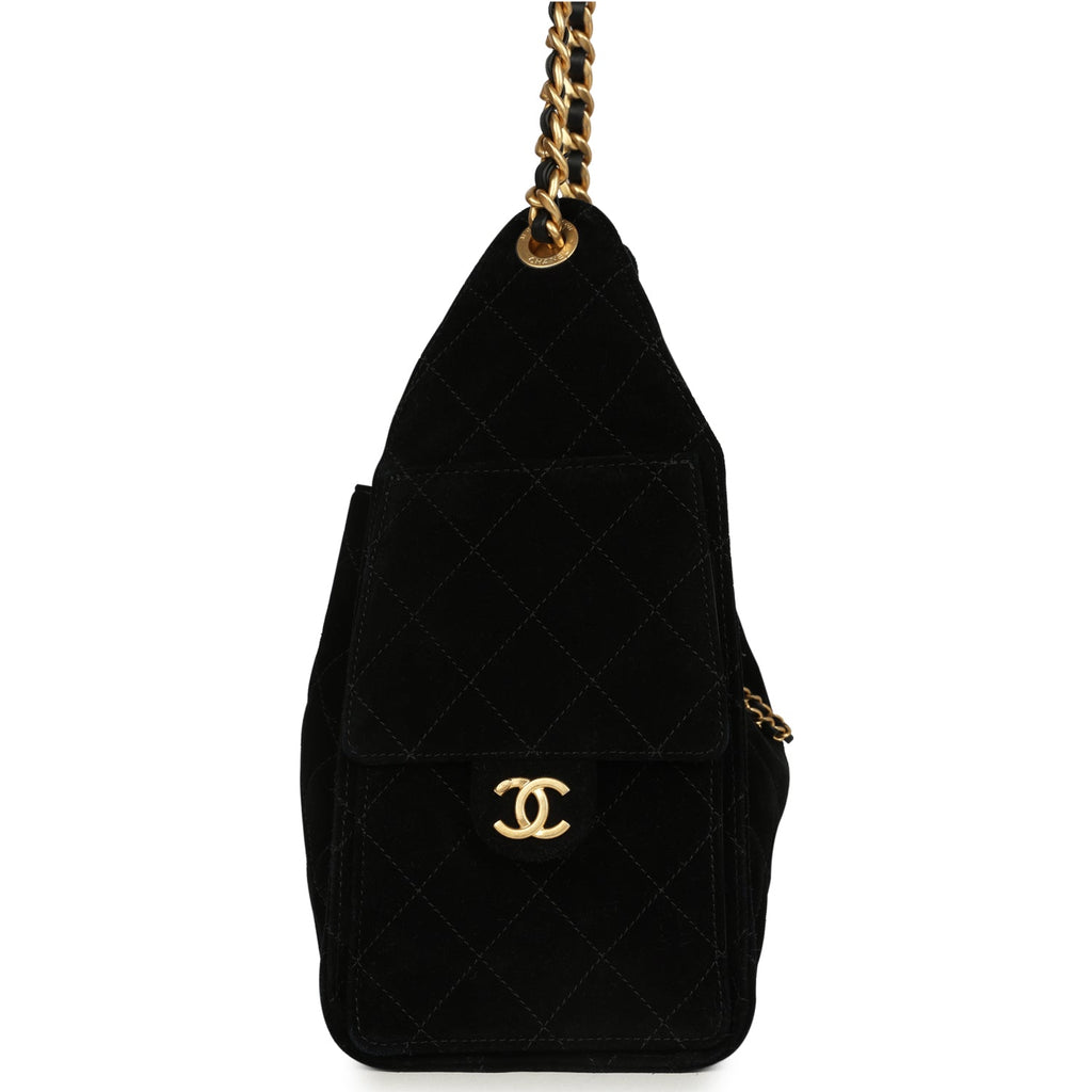 Chanel Small 25 Hobo Bag Black Suede Antique Gold Hardware