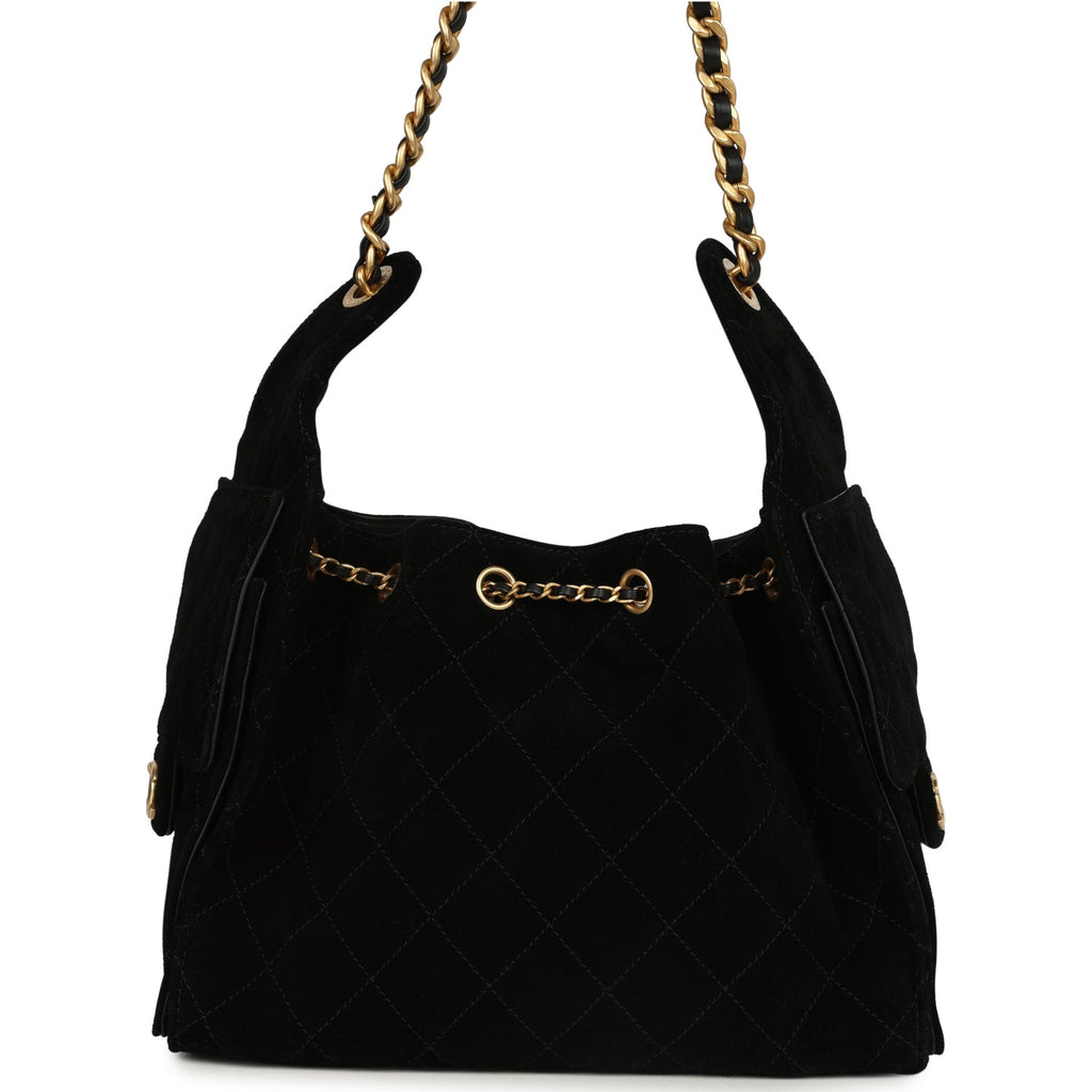 Chanel Small 25 Hobo Bag Black Suede Antique Gold Hardware