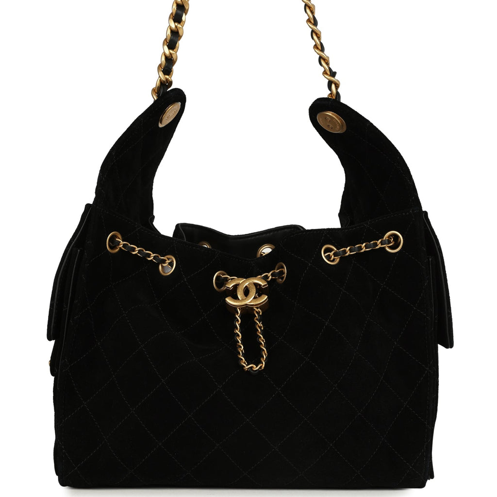 Chanel Small 25 Hobo Bag Black Suede Antique Gold Hardware