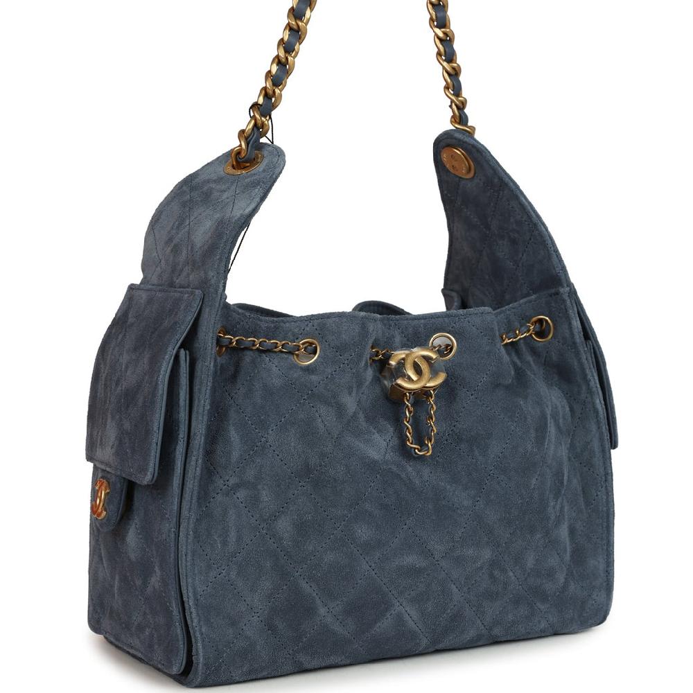 Chanel Small 25 Hobo Bag Blue Suede Antique Gold Hardware