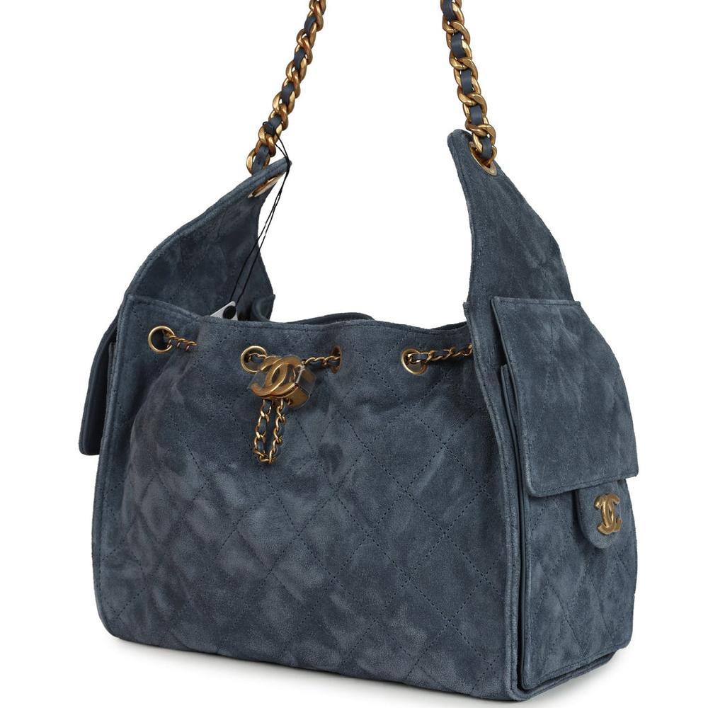 Chanel Small 25 Hobo Bag Blue Suede Antique Gold Hardware