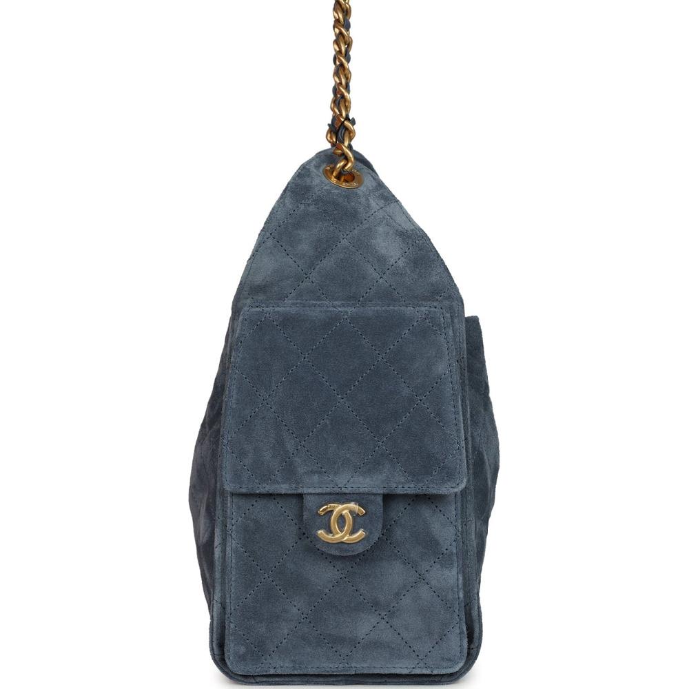 Chanel Small 25 Hobo Bag Blue Suede Antique Gold Hardware
