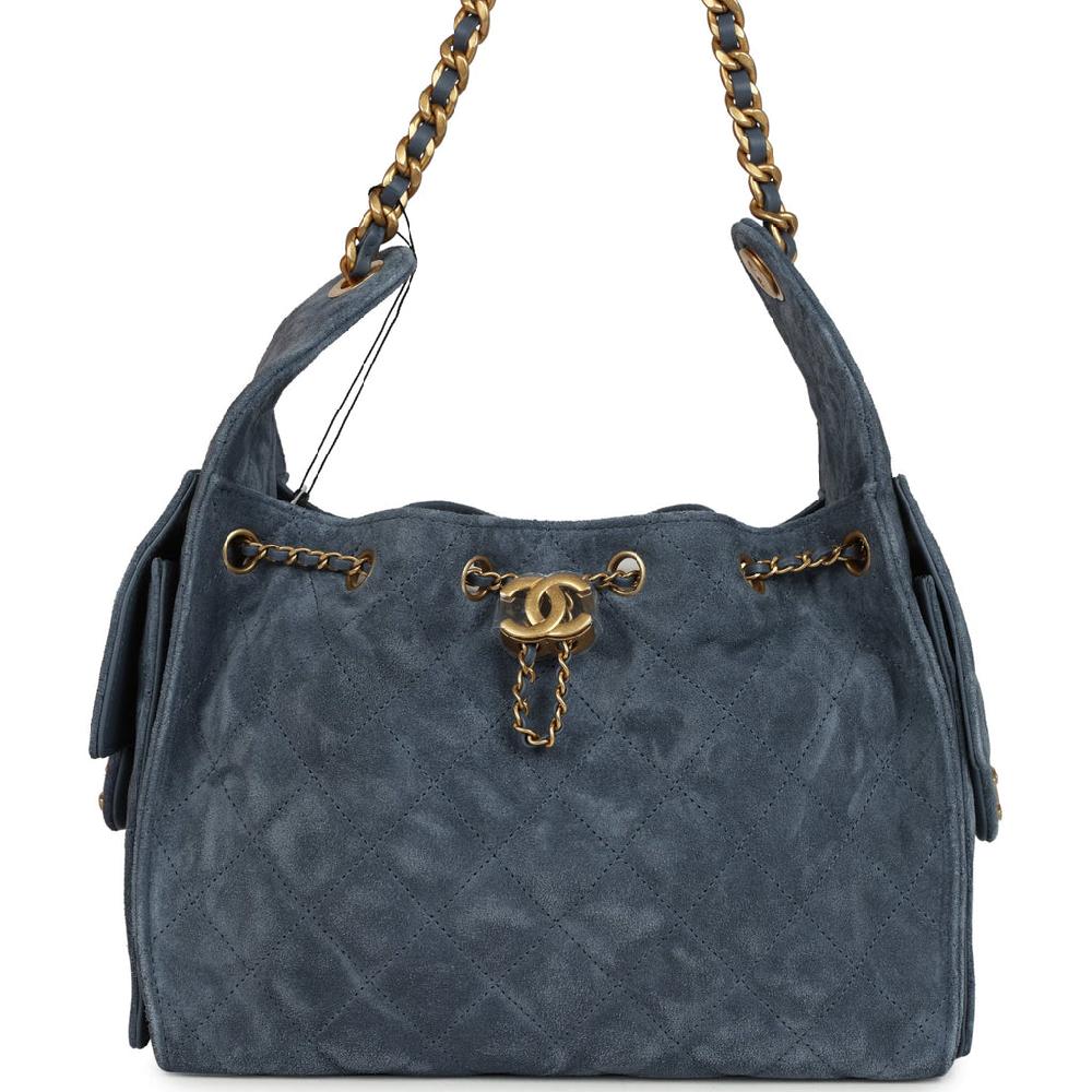 Chanel Small 25 Hobo Bag Blue Suede Antique Gold Hardware