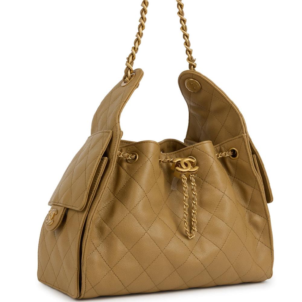 Chanel Small 25 Hobo Bag Dark Beige Caviar Antique Gold Hardware