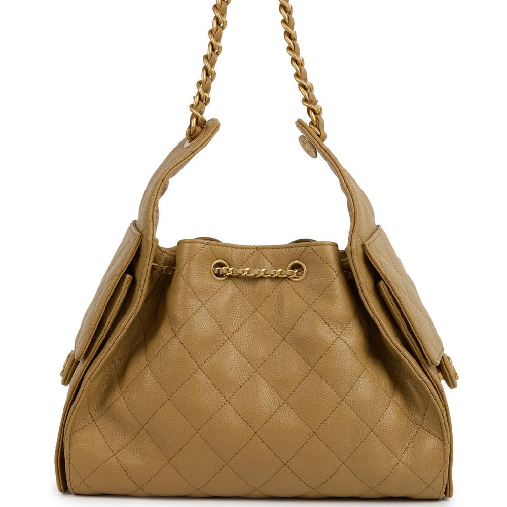 Chanel Small 25 Hobo Bag Dark Beige Caviar Antique Gold Hardware