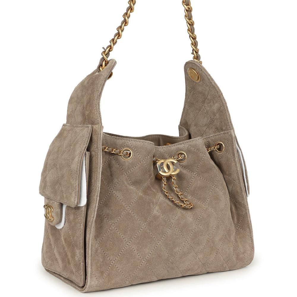 Chanel Small 25 Hobo Bag Dark Grey Suede Antique Gold Hardware