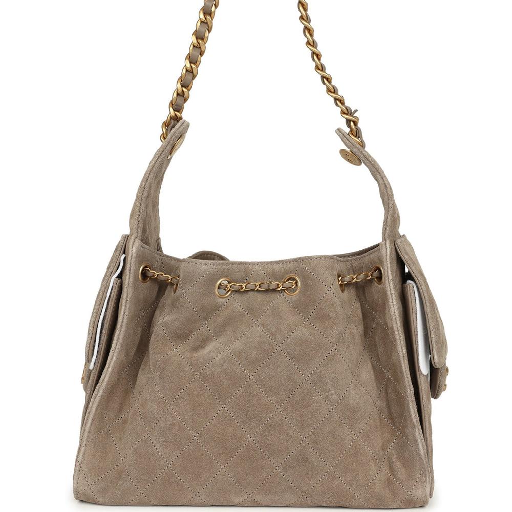 Chanel Small 25 Hobo Bag Dark Grey Suede Antique Gold Hardware