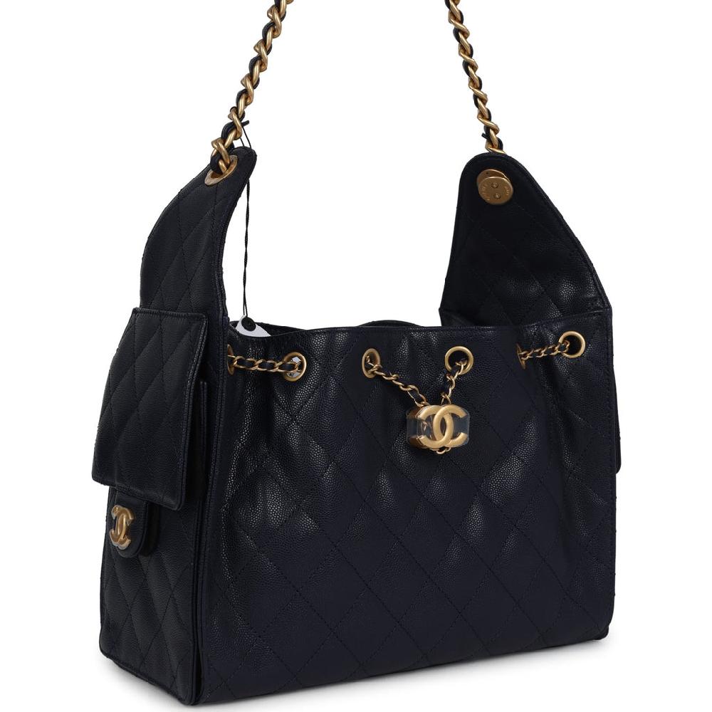 Chanel Small 25 Hobo Bag Dark Navy Caviar Antique Gold Hardware