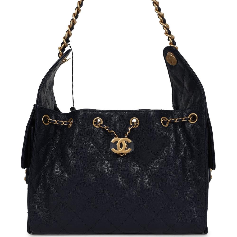 Chanel Small 25 Hobo Bag Dark Navy Caviar Antique Gold Hardware