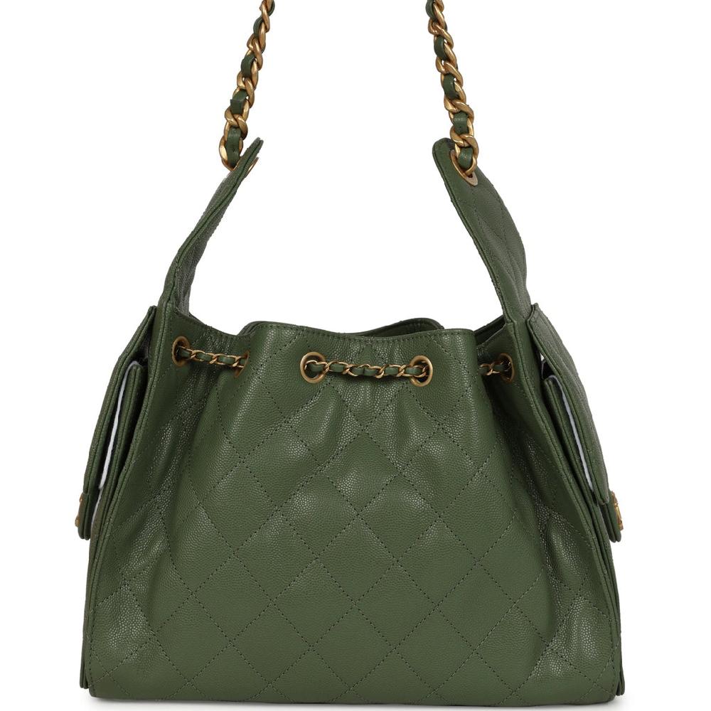 Chanel Small 25 Hobo Bag Khaki Caviar Antique Gold Hardware