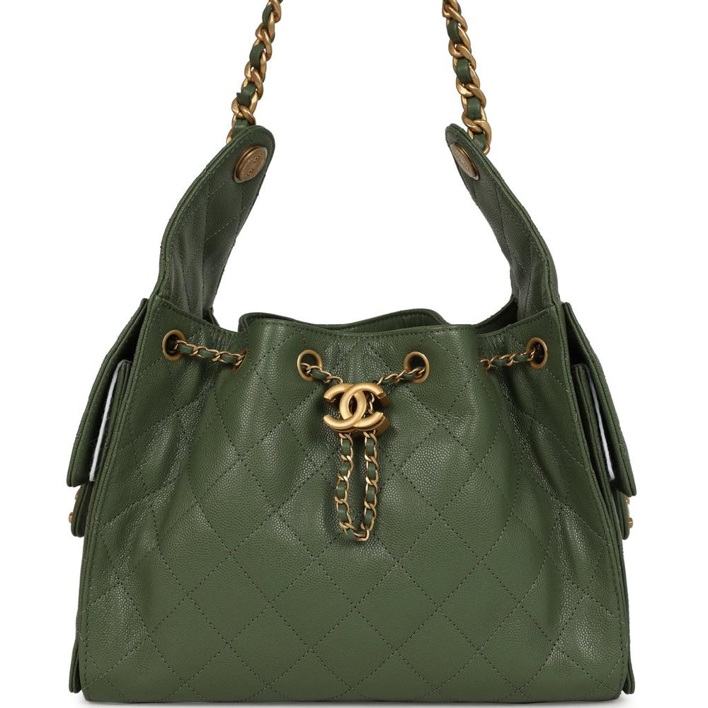 Chanel Small 25 Hobo Bag Khaki Caviar Antique Gold Hardware