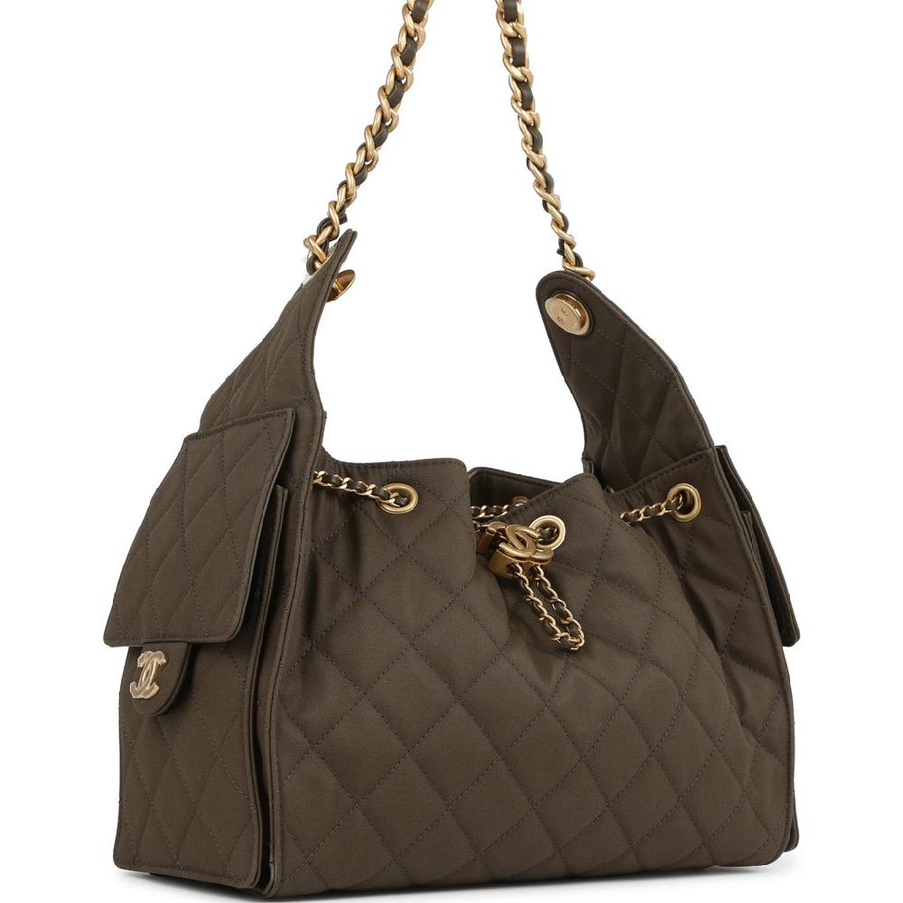 Chanel Small 25 Hobo Bag Khaki Toile Canvas Antique Gold Hardware