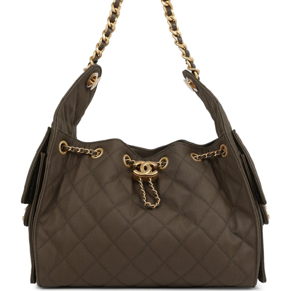 Chanel Small 25 Hobo Bag Khaki Toile Canvas Antique Gold Hardware