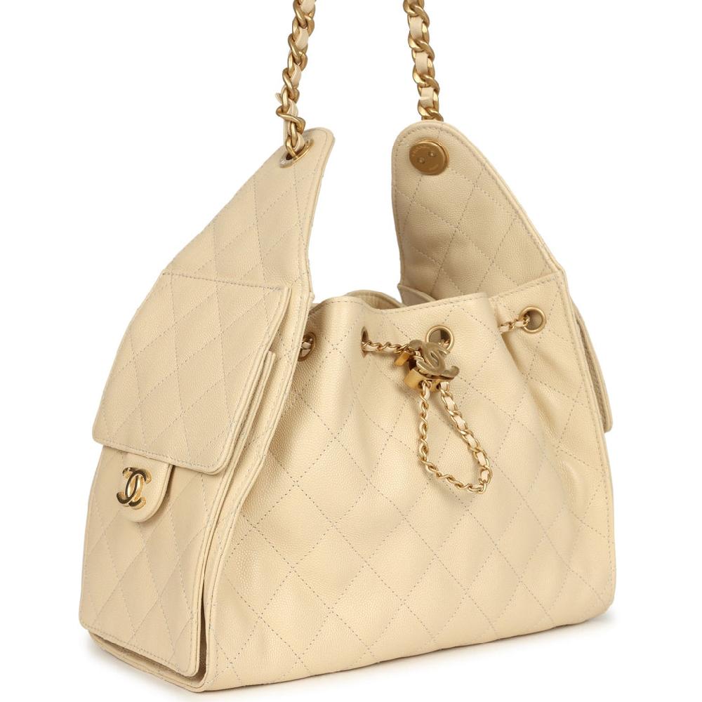 Chanel Small 25 Hobo Bag Light Beige Caviar Antique Gold Hardware