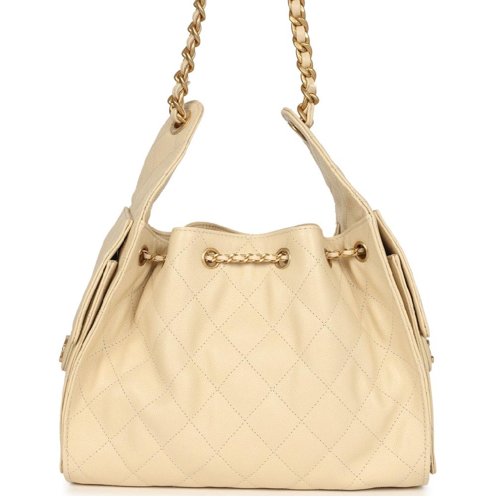 Chanel Small 25 Hobo Bag Light Beige Caviar Antique Gold Hardware
