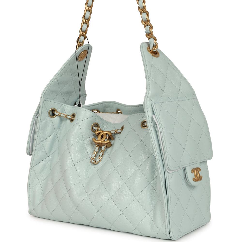 Chanel Small 25 Hobo Bag Light Blue Caviar Antique Gold Hardware
