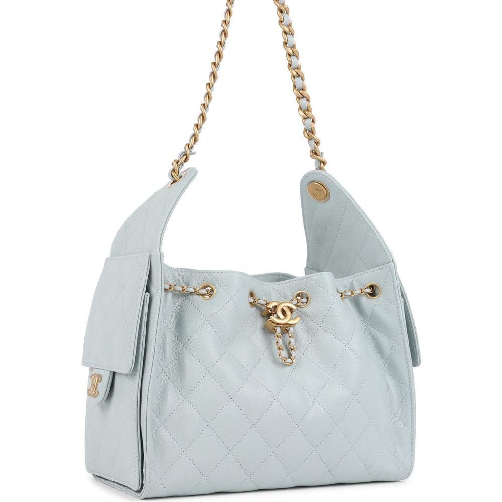 Chanel Small 25 Hobo Bag Light Blue Caviar Antique Gold Hardware