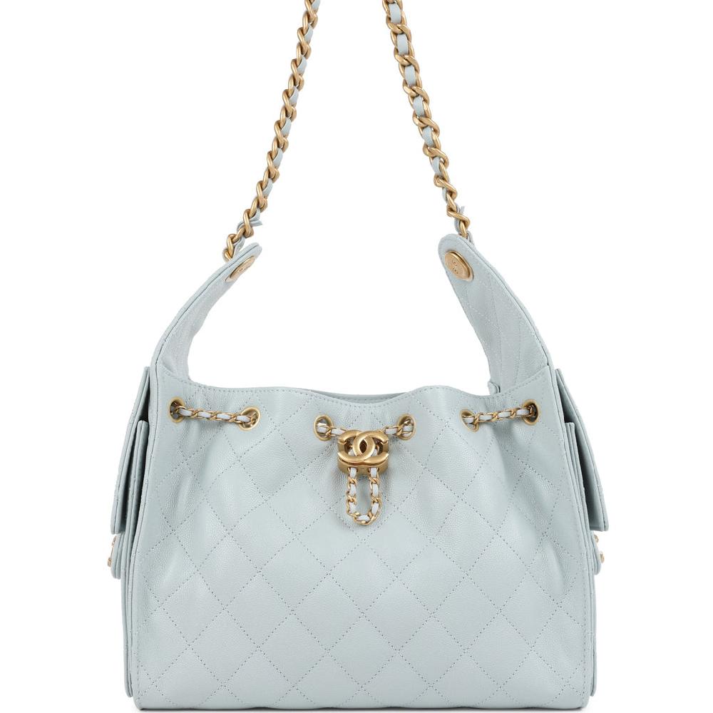 Chanel Small 25 Hobo Bag Light Blue Caviar Antique Gold Hardware